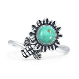 Minimalist 17mm Moonstone Flower & Bee Oxidized Ring 925 Sterling Silver