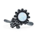 Minimalist 17mm Lab Created White Opal Flower & Bee Oxidized Ring 925 Sterling Silver