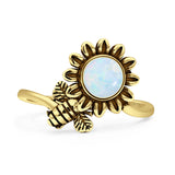 Minimalist 17mm Lab Created White Opal Flower & Bee Oxidized Ring 925 Sterling Silver