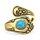 Minimalist 19mm Lab Created Blue Opal Silver Spoon Oxidized Ring 925 Sterling Silver