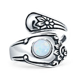 Minimalist 19mm Lab Created White Opal Silver Spoon Oxidized Ring 925 Sterling Silver