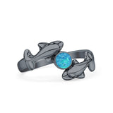 Minimalist 10.6mm Round Lab Created Blue Opal Dolphin Ring Oxidized 925 Sterling Silver