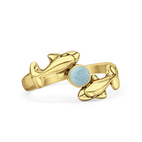 Minimalist 10.6mm Round Larimar Dolphin Ring Oxidized 925 Sterling Silver