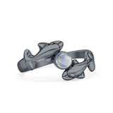 Minimalist 10.6mm Round Moonstone Dolphin Ring Oxidized 925 Sterling Silver