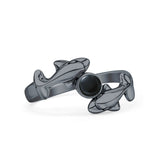 Minimalist 10.6mm Round Black Onyx Dolphin Ring Oxidized 925 Sterling Silver