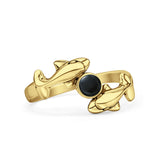 Minimalist 10.6mm Round Black Onyx Dolphin Ring Oxidized 925 Sterling Silver