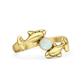 Minimalist 10.6mm Round Lab Created White Opal Dolphin Ring Oxidized 925 Sterling Silver