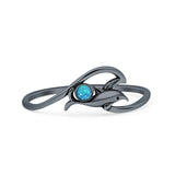 Minimalist 7.4mm Round Lab Created Blue Opal Dolphin & Wave Ring Oxidized 925 Sterling Silver