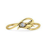 Minimalist 7.4mm Round Moonstone Dolphin & Wave Ring Oxidized 925 Sterling Silver