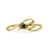 Minimalist 7.4mm Round Black Onyx Dolphin & Wave Ring Oxidized 925 Sterling Silver