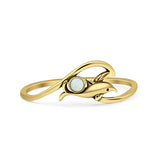 Minimalist 7.4mm Round Lab Created White Opal Dolphin & Wave Ring Oxidized 925 Sterling Silver