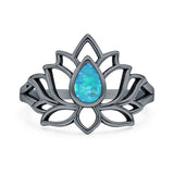 Lab Created Blue Opal Lotus Ring Oxidized 925 Sterling Silver