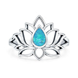 Lab Created Blue Opal Lotus Ring Oxidized 925 Sterling Silver