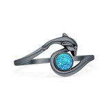 Minimalist 10.8mm Round Lab Created Blue Opal Dolphin Ring Oxidized 925 Sterling Silver