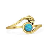 Minimalist 10.8mm Round Lab Created Blue Opal Dolphin Ring Oxidized 925 Sterling Silver