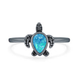 Lab Created Blue Opal Turtle Ring Oxidized 925 Sterling Silver