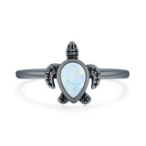 Lab Created White Opal Turtle Ring Oxidized 925 Sterling Silver