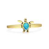 Minimalist 10.8mm Pear Lab Created Blue Opal Turtle Ring Oxidized 925 Sterling Silver