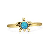 Minimalist 8.2mm Round Lab Created Blue Opal Turtle Ring Oxidized 925 Sterling Silver