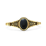 Minimalist 7.4mm Oval Black Onyx Floral Ring Oxidized 925 Sterling Silver