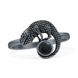 Minimalist 12.5mm Round Black Onyx Lizard Ring Oxidized 925 Sterling Silver