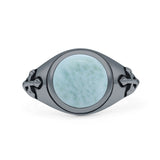 Minimalist 11.8mm Round Larimar Medieval Cross Ring Oxidized 925 Sterling Silver