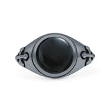 Minimalist 11.8mm Round Black Onyx Medieval Cross Ring Oxidized 925 Sterling Silver
