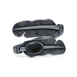Minimalist 13.6mm Oval Black Onyx Feather Ring Oxidized 925 Sterling Silver