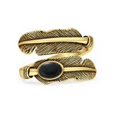 Minimalist 13.6mm Oval Black Onyx Feather Ring Oxidized 925 Sterling Silver