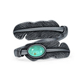 Minimalist 13.6mm Oval Turquoise Feather Ring Oxidized 925 Sterling Silver