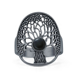 Minimalist 24.1mm Round Black Onyx Tree Of Life Ring 925 Sterling Silver