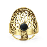 Minimalist 24.1mm Round Black Onyx Tree Of Life Ring 925 Sterling Silver