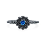 Blue Topaz CZ Flower Ring Oxidized 925 Sterling Silver