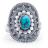 Art Deco 20.7mm Oval Turquoise Beaded Ring Oxidized 925 Sterling Silver