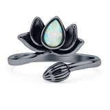 Pear 13.2mm Lab Created White Opal Lotus Bud Ring Oxidized 925 Sterling Silver