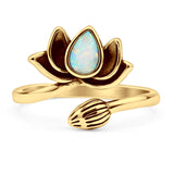 Pear 13.2mm Lab Created White Opal Lotus Bud Ring Oxidized 925 Sterling Silver
