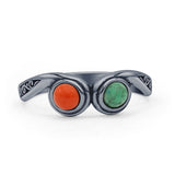 Two Stone  6.4mm Round Turquoise & Red Coral Ring 925 Sterling Silver