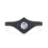 Lab Created Moonstone Beaded Halo Chevron Ring Oxidized 925 Sterling Silver