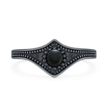 Lab Created Black Onyx Beaded Halo Chevron Ring Oxidized 925 Sterling Silver