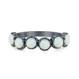 Lab Created White Opal Round Band Ring Oxidized 925 Sterling Silver