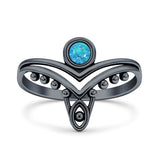 Lab Created Blue Opal Tiara V Ring Oxidized 925 Sterling Silver