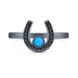 Lab Created Blue Opal Horseshoe Ring Oxidized 925 Sterling Silver