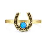 Lab Created Blue Opal Horseshoe Ring Oxidized 925 Sterling Silver