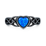 Lab Created  Blue Opal Heart Ring Oxidized 925 Sterling Silver