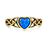 Lab Created  Blue Opal Heart Ring Oxidized 925 Sterling Silver