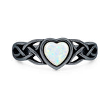 Lab Created White Opal Heart Ring Oxidized 925 Sterling Silver