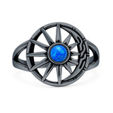 Lab Created Blue Opal Celestial Sun Moon Ring Oxidized 925 Sterling Silver