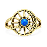 Lab Created Blue Opal Celestial Sun Moon Ring Oxidized 925 Sterling Silver