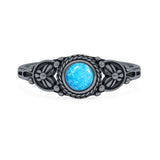 Lab Created Blue Opal Floral Stone Ring Oxidized 925 Sterling Silver