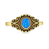 Lab Created Blue Opal Scroll Filigree Ring Oxidized 925 Sterling Silver